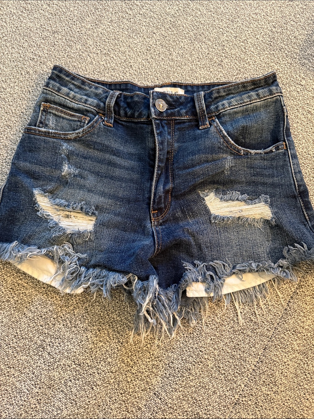 Just USA Distressed Dark Blue Frayed Hem Jean Shorts